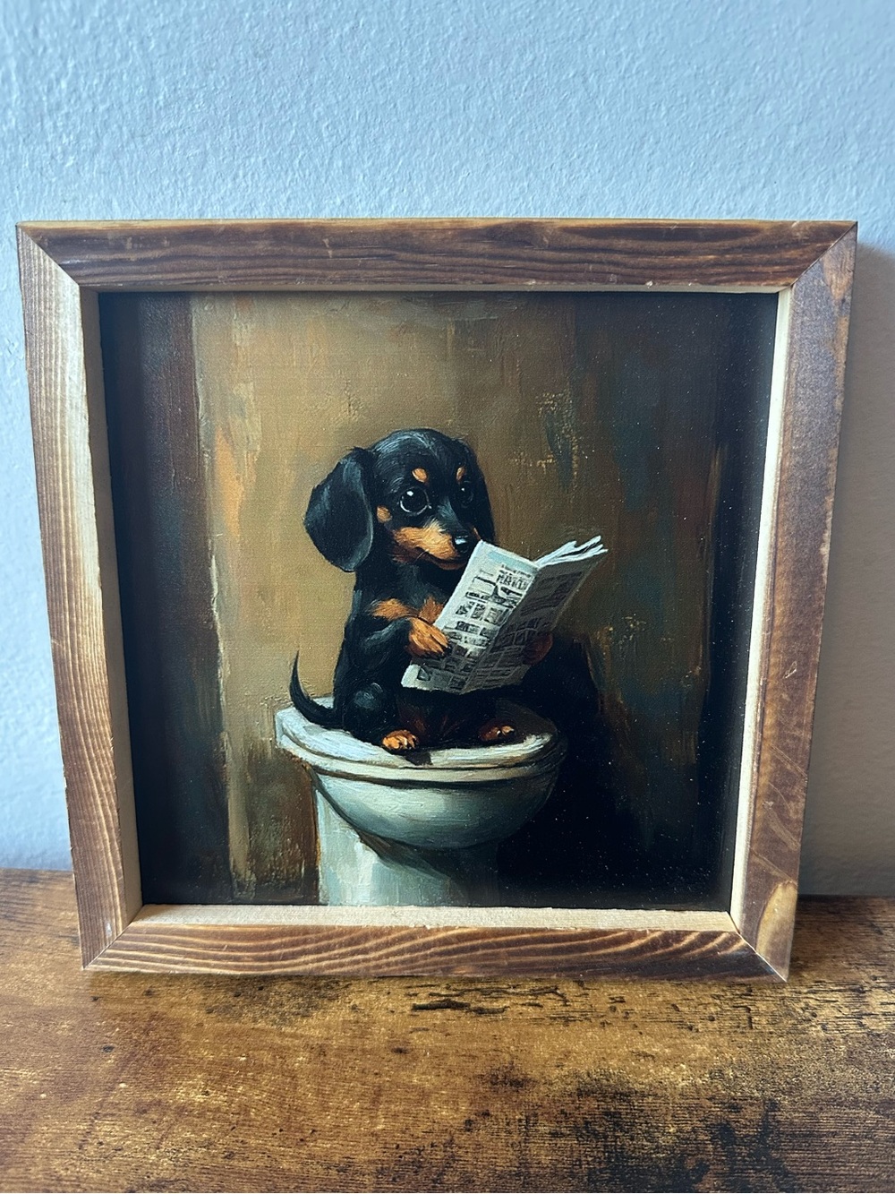 Framed Wooden Black & Brown Dachshund Reading Newspaper on Toilet Wall Decor NWT